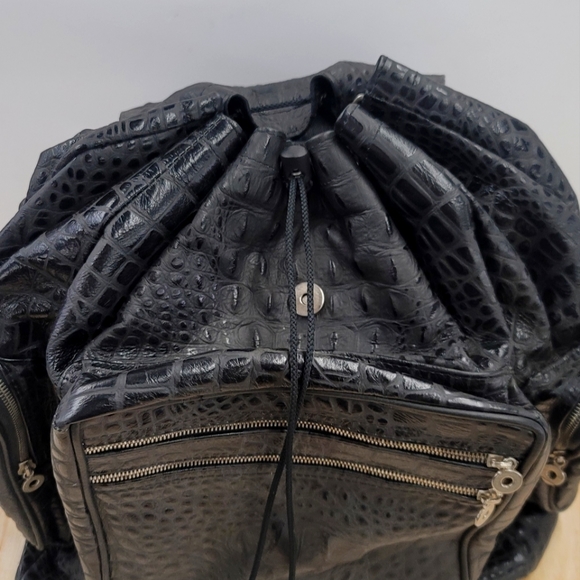 Travel backpack. Matte Black leather with faux croc emboss